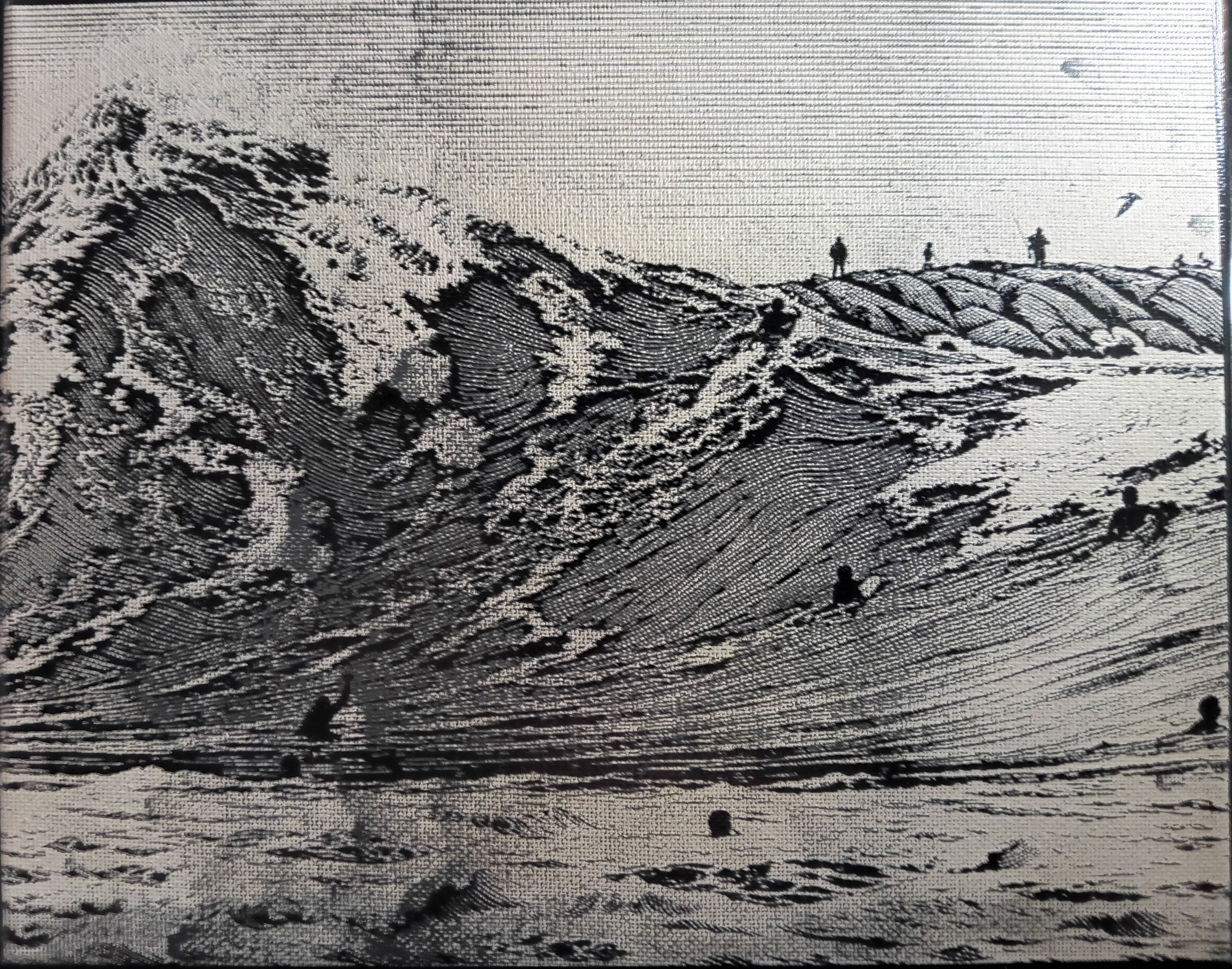 Collision Course — finished woodcut-style laser canvas