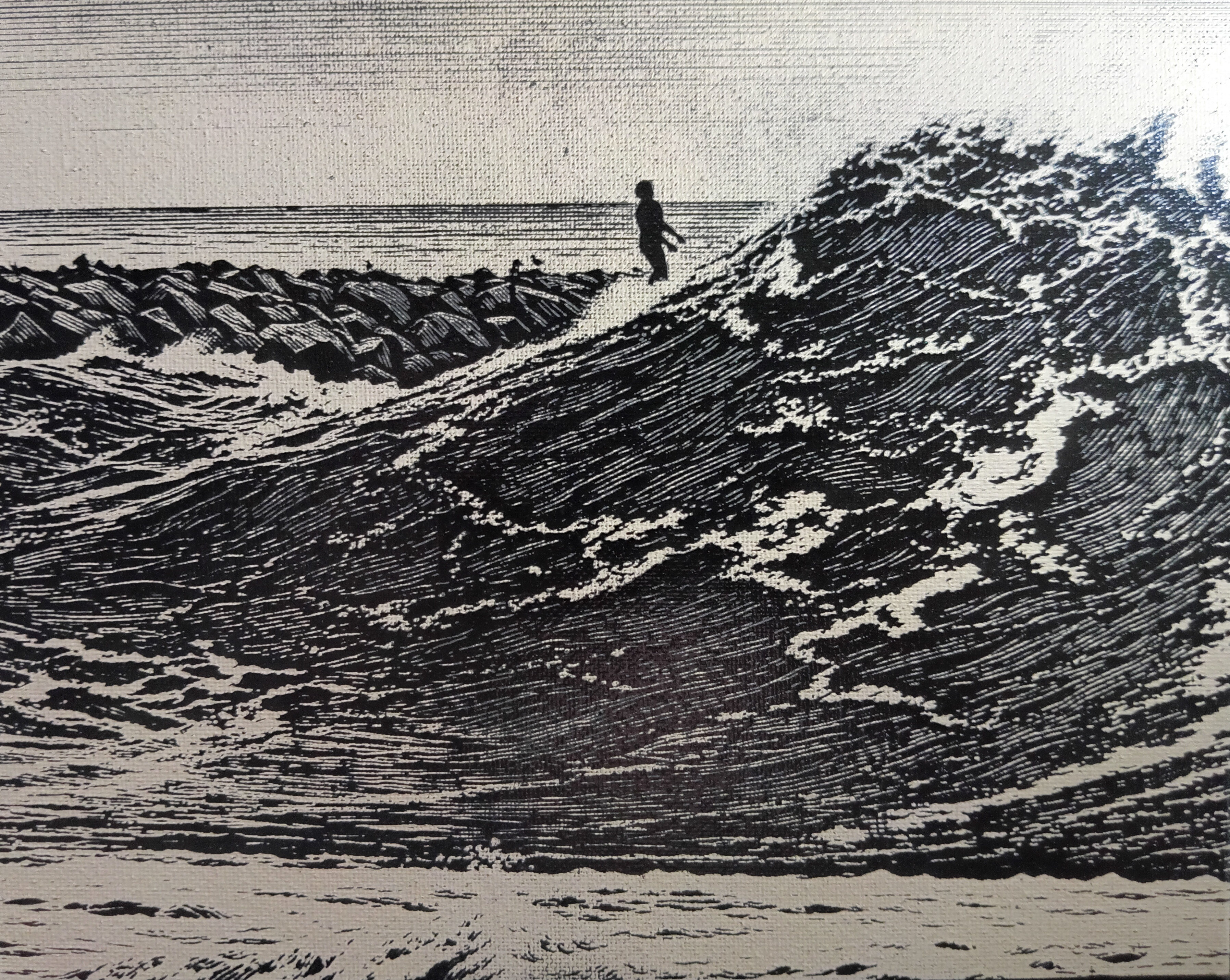 On the Edge — finished woodcut-style laser canvas