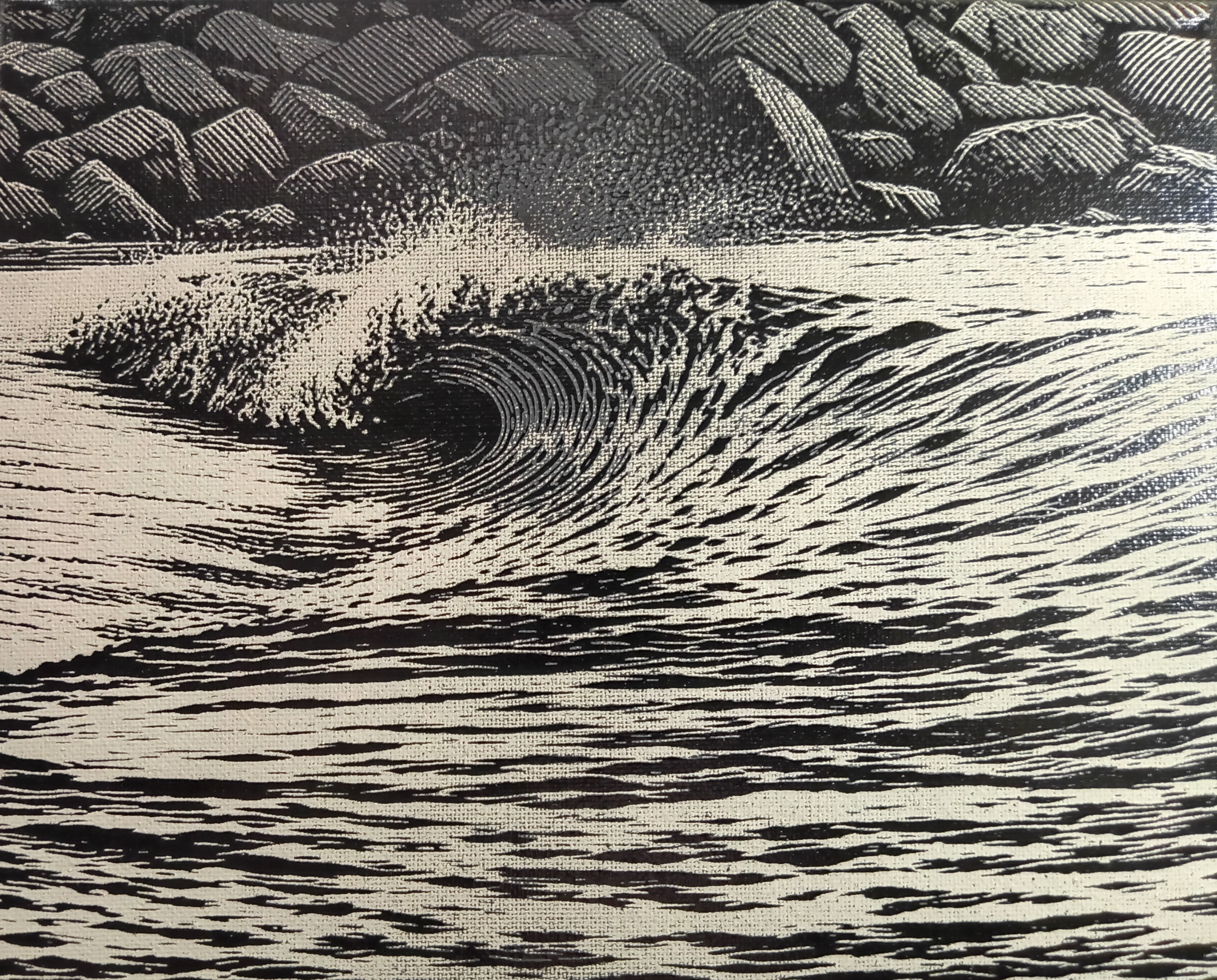 The Curl — finished woodcut-style laser canvas