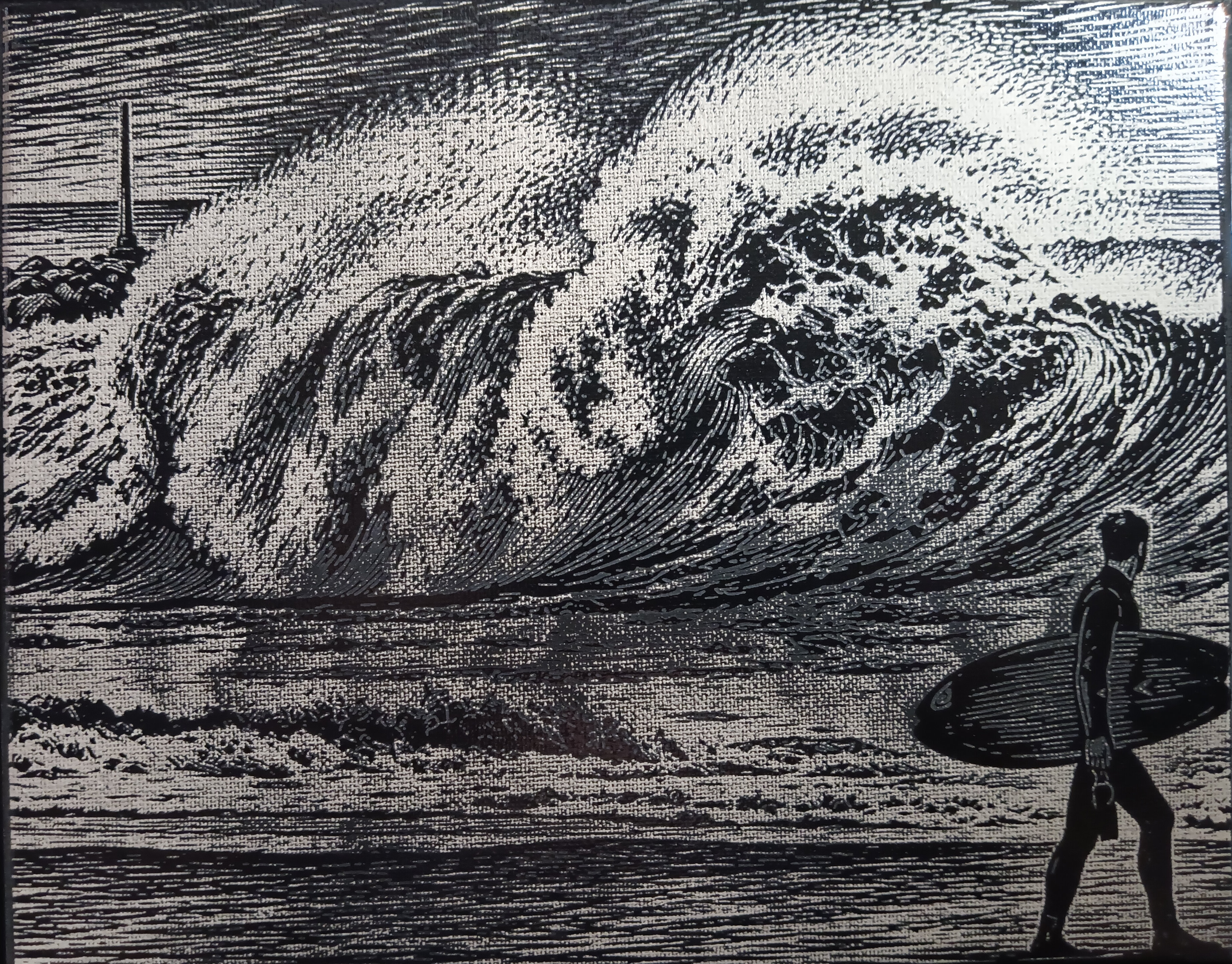 The Observer — finished woodcut-style laser canvas